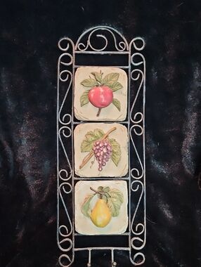 Decorative Fruit Tile Key Hook Wall Hanging - Apple, Grapes, Pear